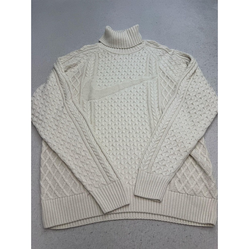 Nike Sweater Mens M Cream Turtleneck Cable Knit Swoosh Logo Pullover Warm